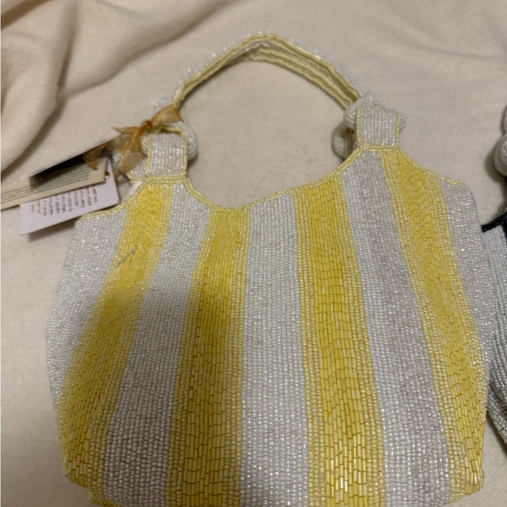 Viral butter yellow and White Striped Beaded Women's Bag